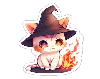 Naklejka winylowa z kotem czarodziejem | Użytkownik magii D&D, zaklęcie ognia