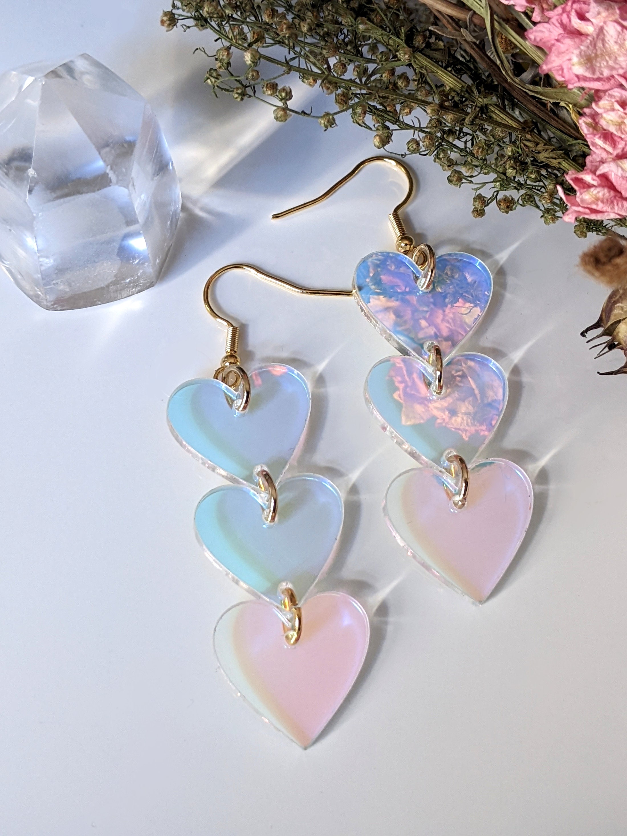 Heart Shaped Iridescent Waterfall Drop Earrings - acrylic - eras - lightweight - FALLING HEART - Rainbow
