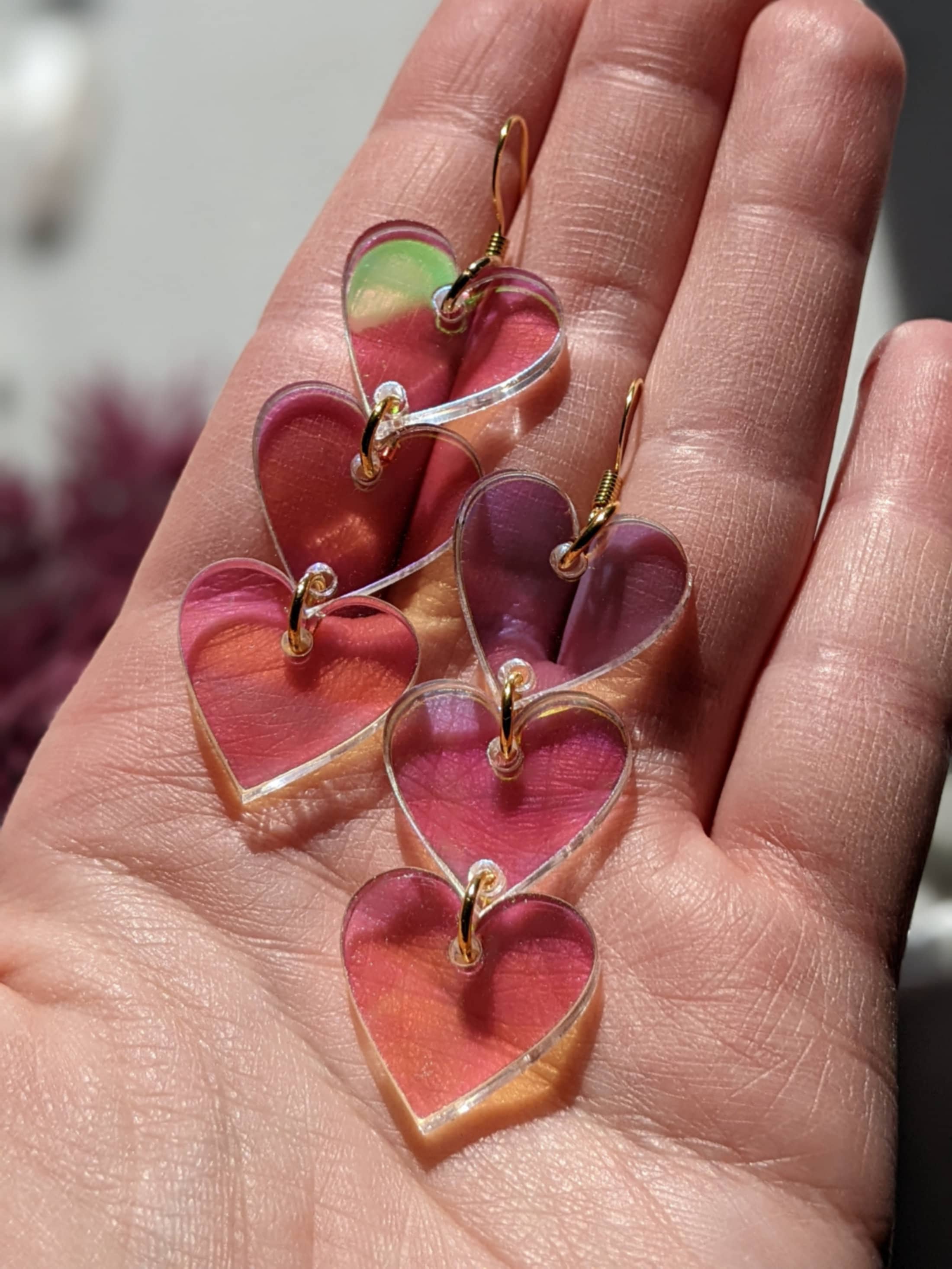 Heart Shaped Iridescent Waterfall Drop Earrings - acrylic - eras - lightweight - FALLING HEART - Rainbow
