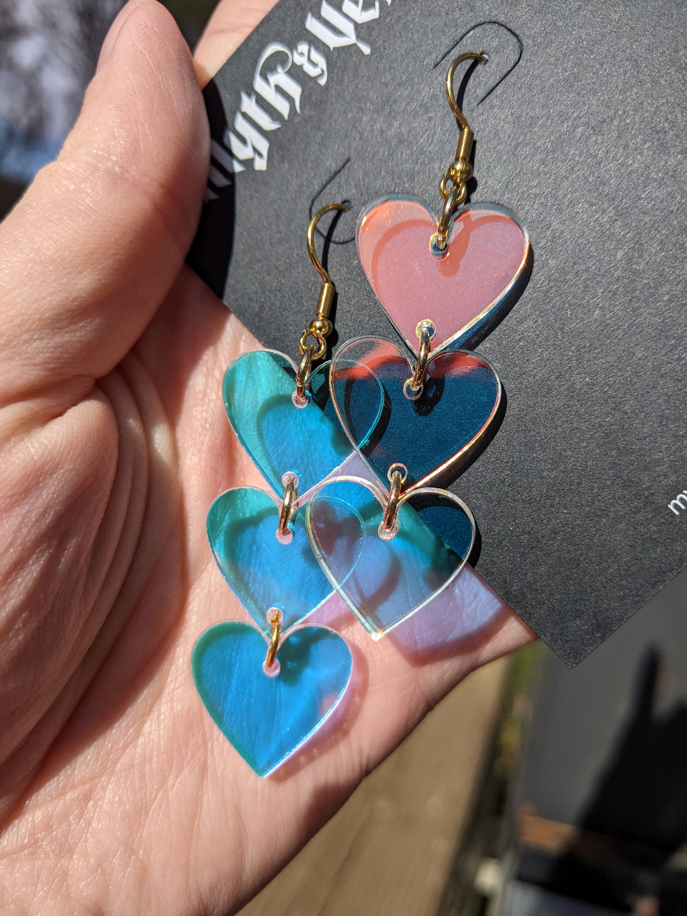 Heart Shaped Iridescent Waterfall Drop Earrings - acrylic - eras - lightweight - FALLING HEART - Rainbow