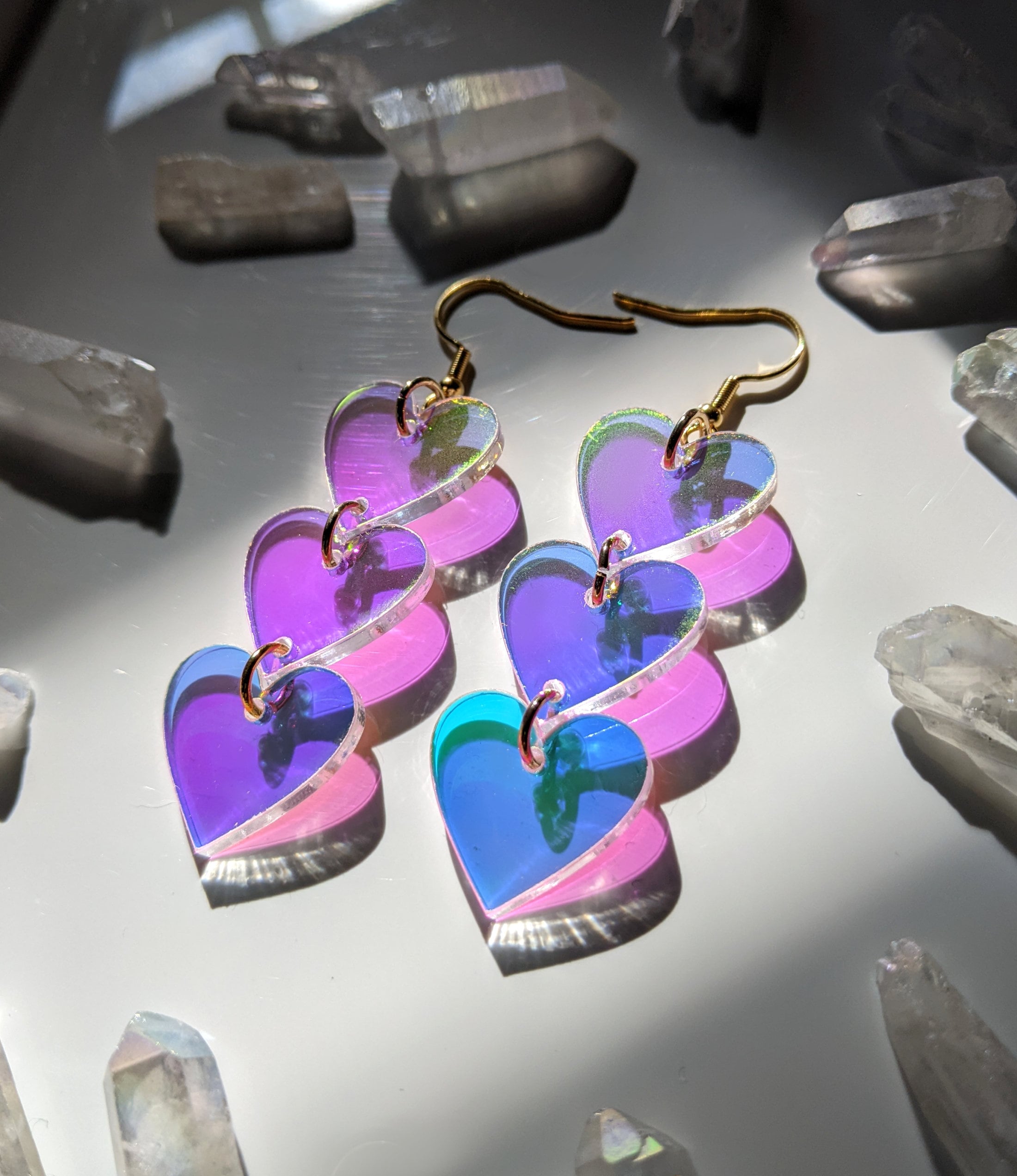 Heart Shaped Iridescent Waterfall Drop Earrings - acrylic - eras - lightweight - FALLING HEART - Rainbow