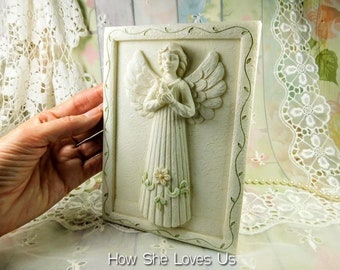Vintage Premier Collection Angel Resin Figurine on a Stained Wood Base with Butterflies /& Flowers
