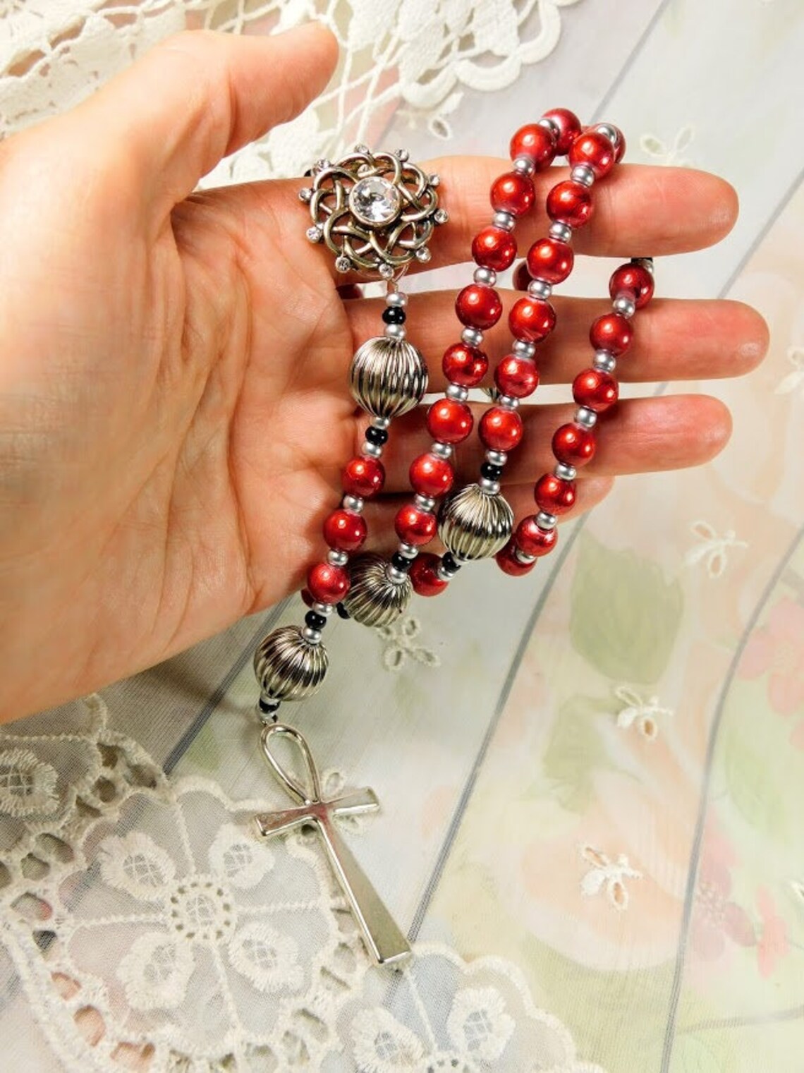 Red Rosary Bright Red Glass Bead Rosary With Silver Beads Etsy