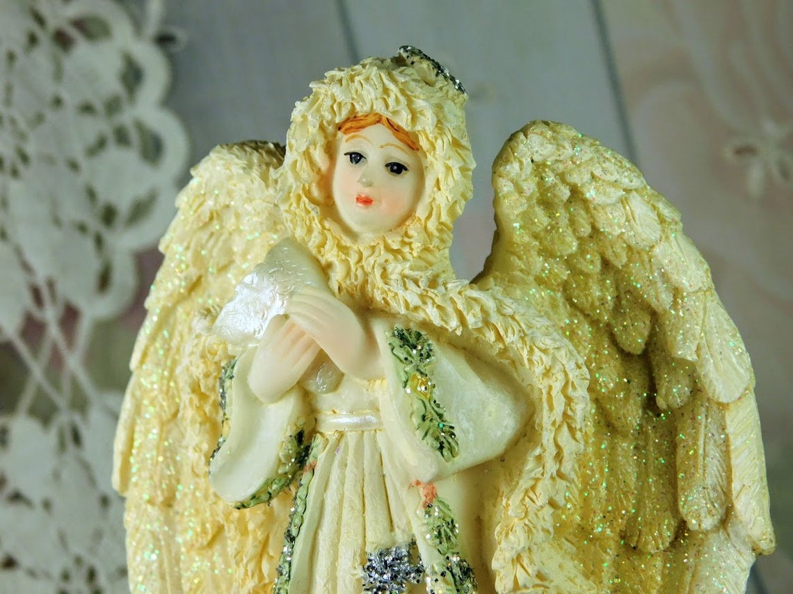 Small Angel Figurine in Sculpted Resin Vintage Sparkling Etsy