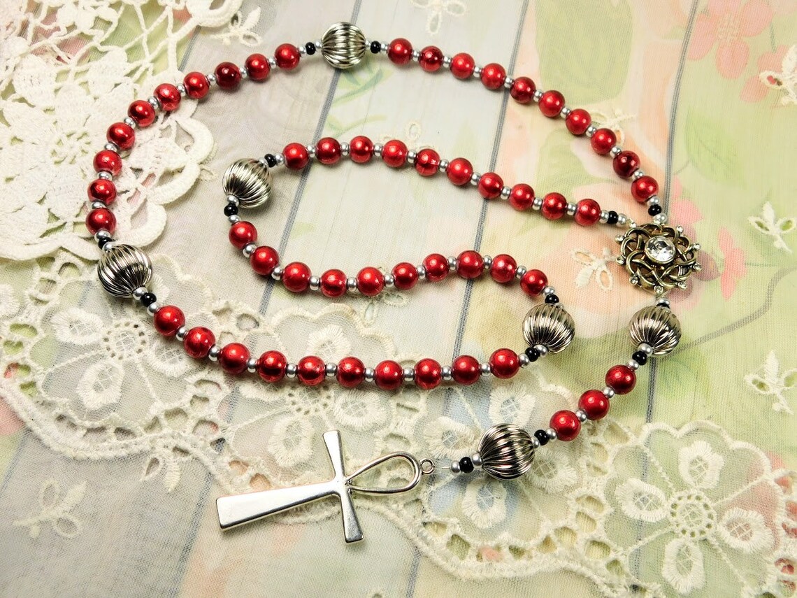 Red Rosary Bright Red Glass Bead Rosary With Silver Beads Etsy