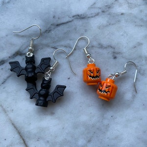 Bat and Pumpkin Drop Earrings | Halloween | Silver Plated | Quirky Gifts | UK | Unusual | Unique | Jack-o-lantern | Made from Genuine Bricks