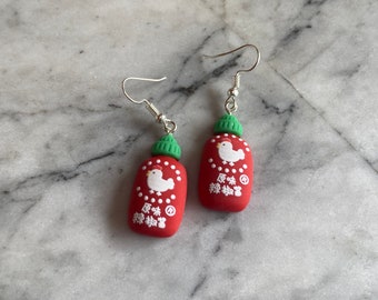 Sriracha Hot Sauce Drop Earrings | Zany Unusual Unique Quirky Dangle Earrings | Handmade Dolls House Jewellery | Weird Gift Spicy