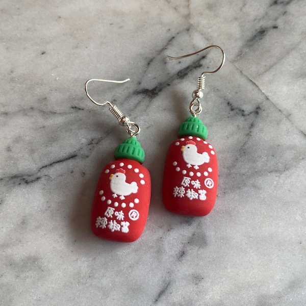 Sriracha Hot Sauce Drop Earrings | Zany Unusual Unique Quirky Dangle Earrings | Handmade Dolls House Jewellery | Weird Gift Spicy