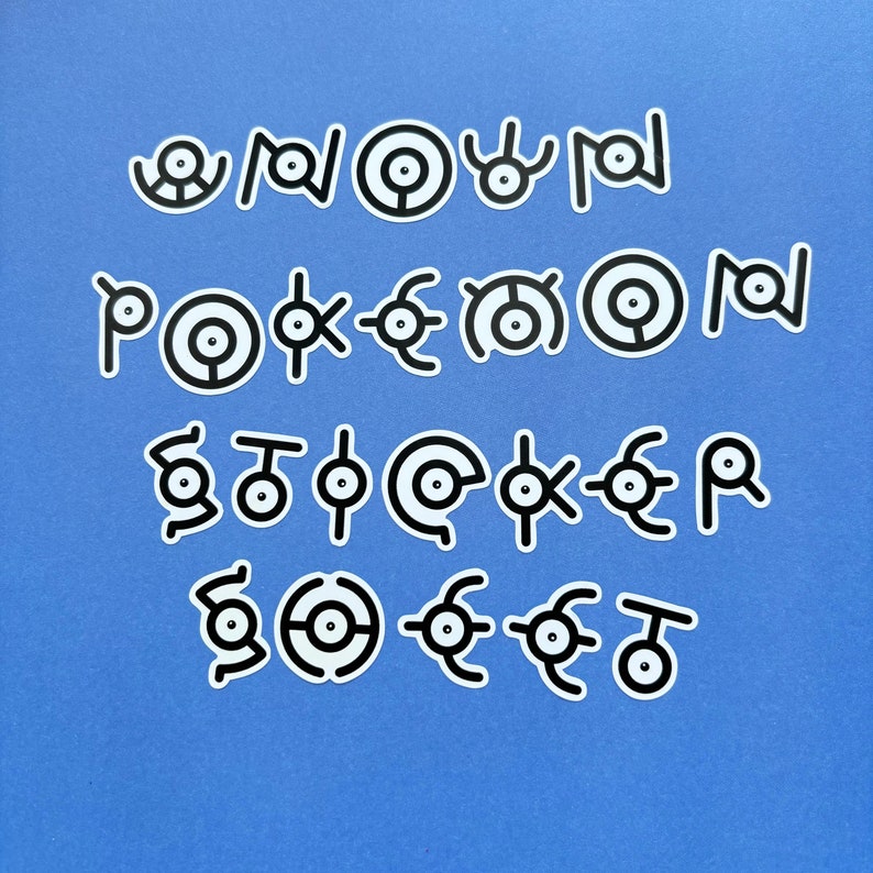 May include: A set of 20 black and white Pokemon symbols on a blue background. The symbols are arranged in three rows. The symbols are all different and represent different Pokemon.