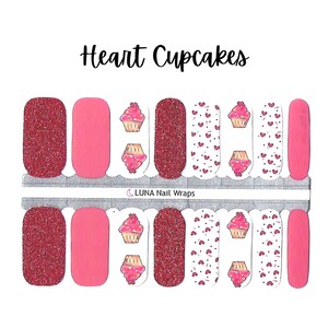 Nail Wraps 100% Nail Polish Stickers Nail Strips Valentines Nail Wraps Heart Cupcake
