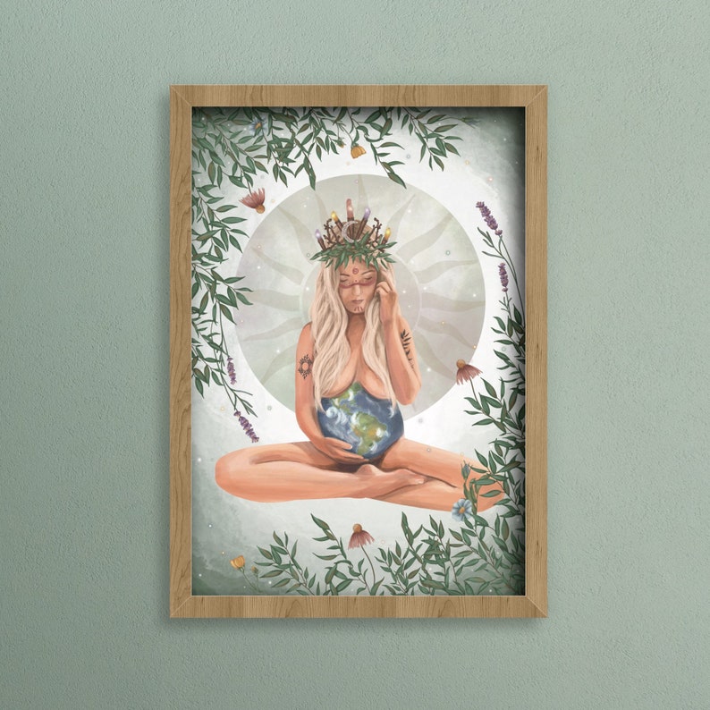 May include: A woman sits in a meditative pose, holding a globe of the Earth in her hands. She wears a crown of leaves and flowers, and is surrounded by greenery. The background is a soft, white and gray color.