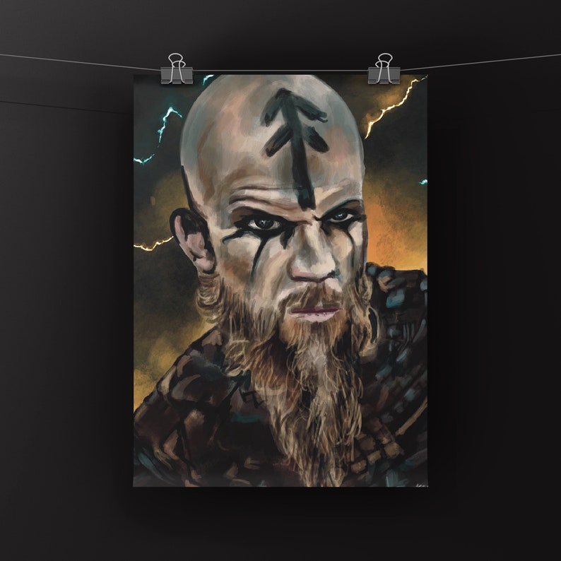 May include: A digital painting of a man with a long beard and a dark, serious expression. He has a black and white symbol painted on his forehead. The background is a dark, stormy sky.
