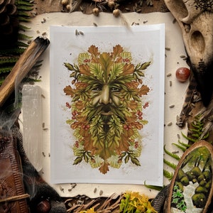GREEN MAN Art Print, Oak King Illustration, Pagan Mythology, A3, A4, 5”x7”, 6”x4”