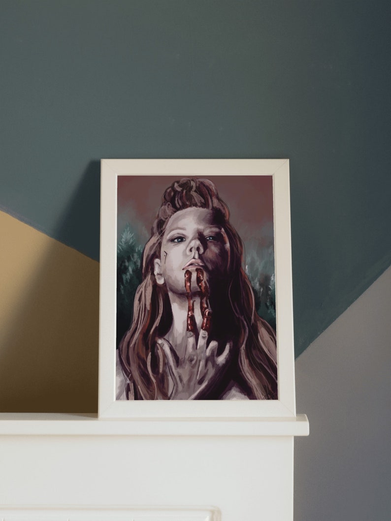 May include: A digital painting of a woman with long, flowing red hair. She is wearing a white garment and has blood on her face and hands. The background is a dark forest.