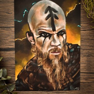 May include: A digital painting of a man with a shaved head and a long beard. He has a black symbol on his forehead and dark makeup around his eyes. The background is a dark orange and yellow with lightning bolts.