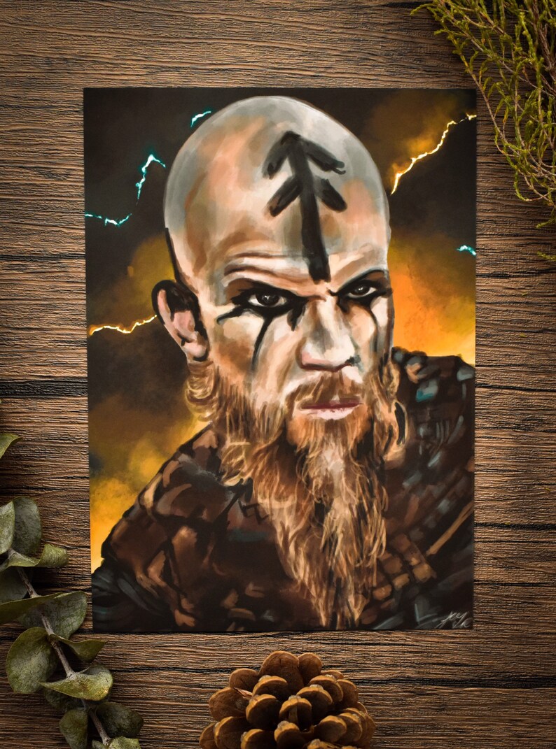 May include: A digital painting of a man with a shaved head and a long beard. He has a black symbol on his forehead and dark makeup around his eyes. The background is a dark orange and yellow with lightning bolts.