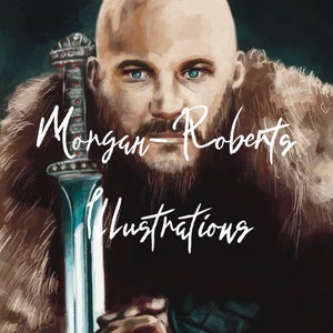 May include: A digital painting of a man with a beard and a shaved head, wearing a fur-lined coat and holding a sword. The text "Morgan-Roberts Illustrations" is written in white on the image.