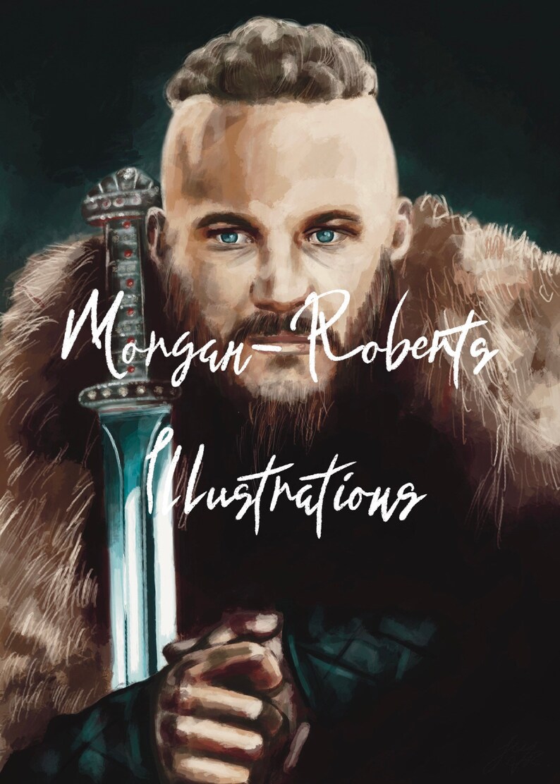 May include: A digital painting of a man with a beard and a shaved head, wearing a fur-lined coat and holding a sword. The text "Morgan-Roberts Illustrations" is written in white on the image.