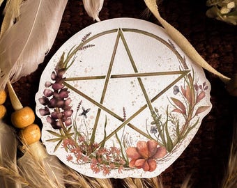 Floral Pentagram Sticker – Botanical Pagan Symbol, Cottagecore Altar Decor (Matte Paper)