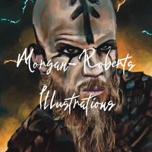 May include: A digital painting of a man with a beard and a black arrow symbol on his forehead. The background is a dark blue with yellow lightning bolts. The text "Morgan-Roberts Illustrations" is written in white below the man's face.