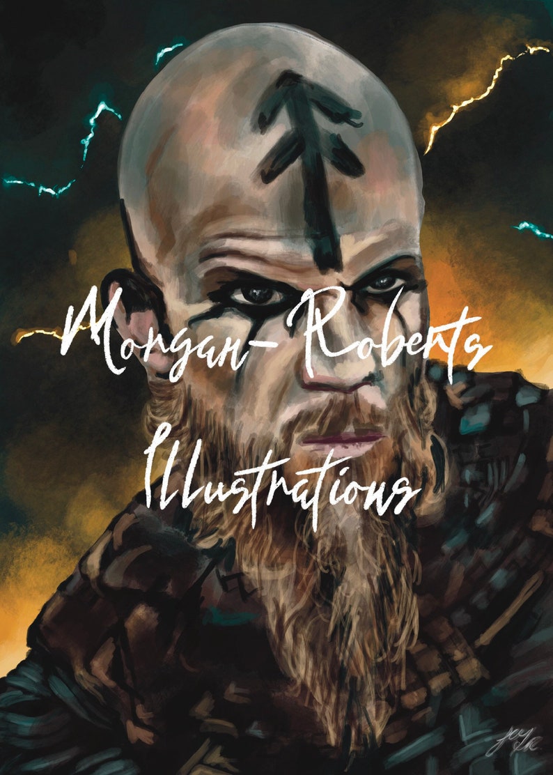 May include: A digital painting of a man with a beard and a black arrow symbol on his forehead. The background is a dark blue with yellow lightning bolts. The text "Morgan-Roberts Illustrations" is written in white below the man's face.