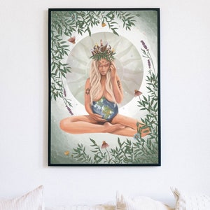 May include: A digital illustration of a woman with long blonde hair wearing a crown of leaves and flowers. She is sitting in a lotus position with her hands holding a globe of the Earth. The background is a soft green with leaves and flowers.