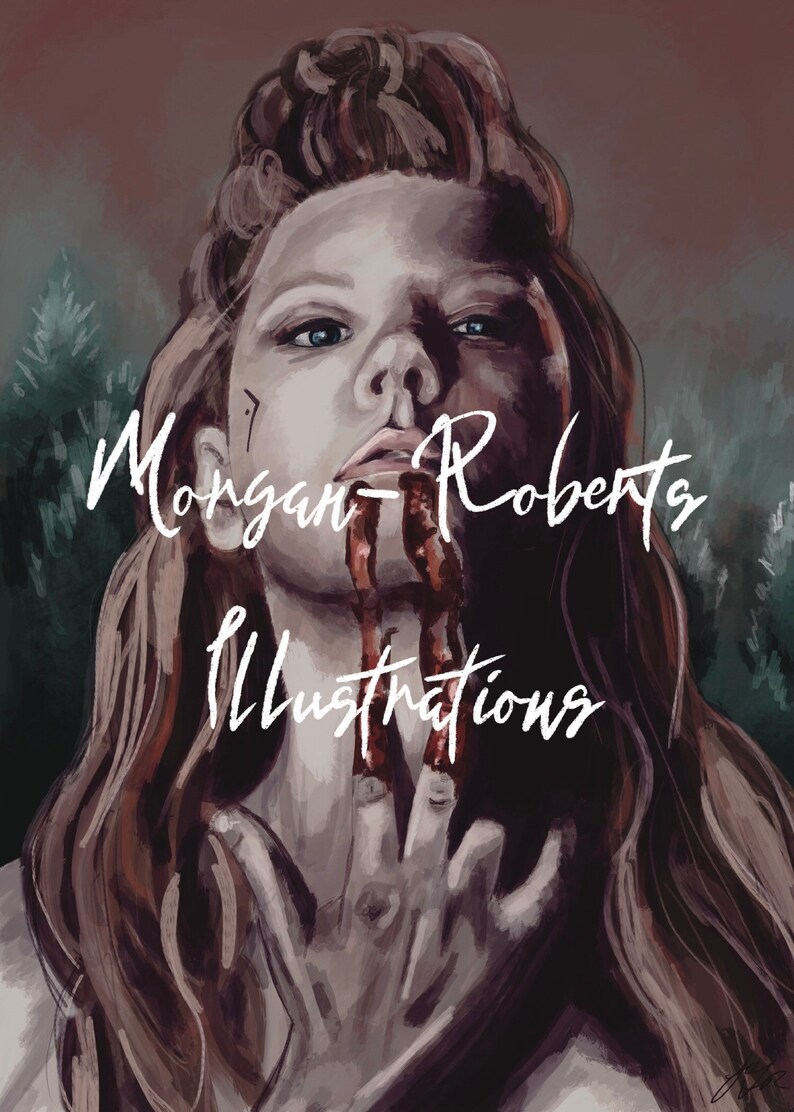 May include: A digital painting of a woman with long, flowing blonde hair. She has blood on her face and hands. The text "Morgan-Roberts Illustrations" is written in white on the image.