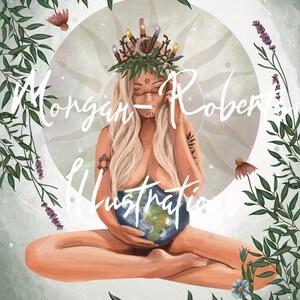 May include: A woman with long blonde hair sits in a meditative pose, holding a globe in her hands. She wears a crown of leaves and branches with small lights and crystals. The background is a soft green with flowers and leaves.