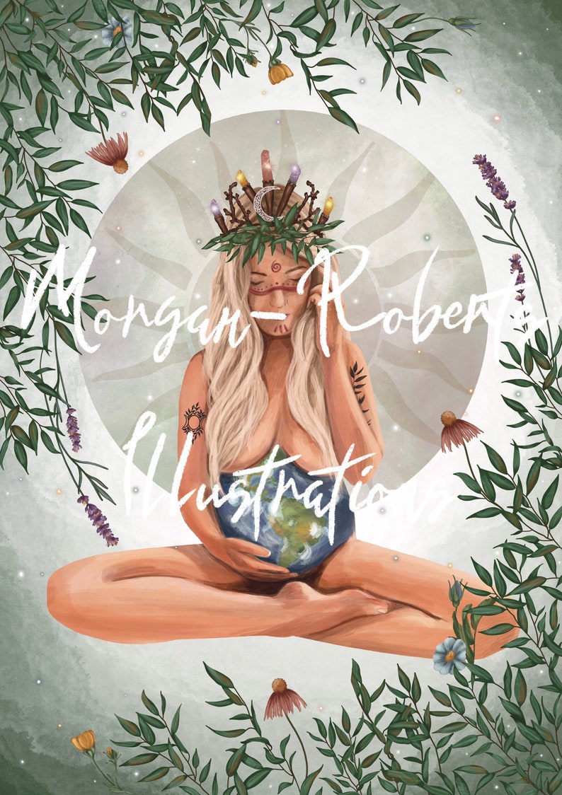 May include: A woman with long blonde hair sits in a meditative pose, holding a globe in her hands. She wears a crown of leaves and branches with small lights and crystals. The background is a soft green with flowers and leaves.