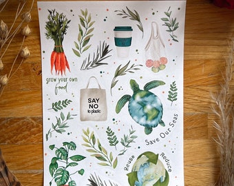 ECO-WARRIOR Sticker sheet A6, Earth Friendly Scrapbooking, Sustainability labels, Environmental Tags