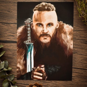 May include: A digital painting of a man with a beard and a braided hairstyle, wearing a fur-lined cloak and holding a sword. The background is dark.