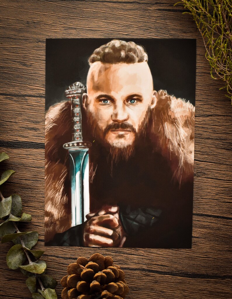 May include: A digital painting of a man with a beard and a braided hairstyle, wearing a fur-lined cloak and holding a sword. The background is dark.