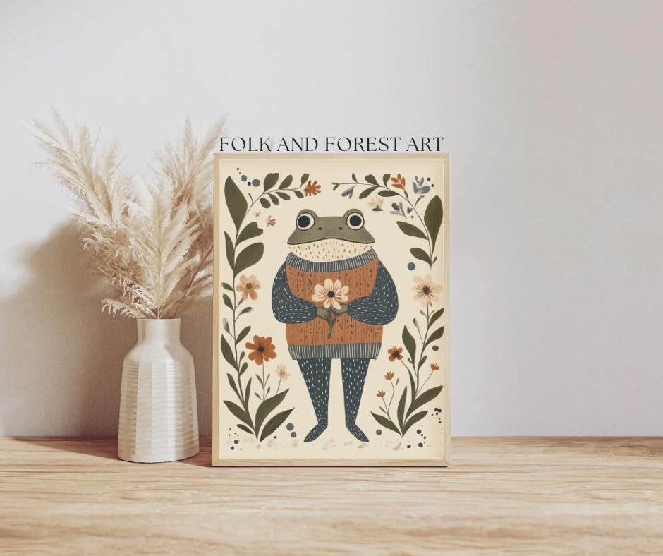 Rustic Frog Cottagecore Frog Printable Wall Art – Cozy Folk Art Frog Holding Flower ...