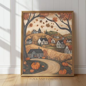 Lámina artística otoñal de un acogedor pueblo de calabazas: descarga digital de un camino rural otoñal, decoración de pared con paisaje rústico de cosecha, arte popular imprimible