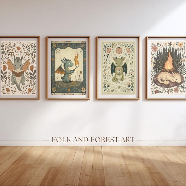 Set de arte mural de dragón bebé caprichoso: paquete de arte imprimible para guardería / Dragón adorable leyendo, durmiendo, asando malvaviscos y sosteniendo una flor
