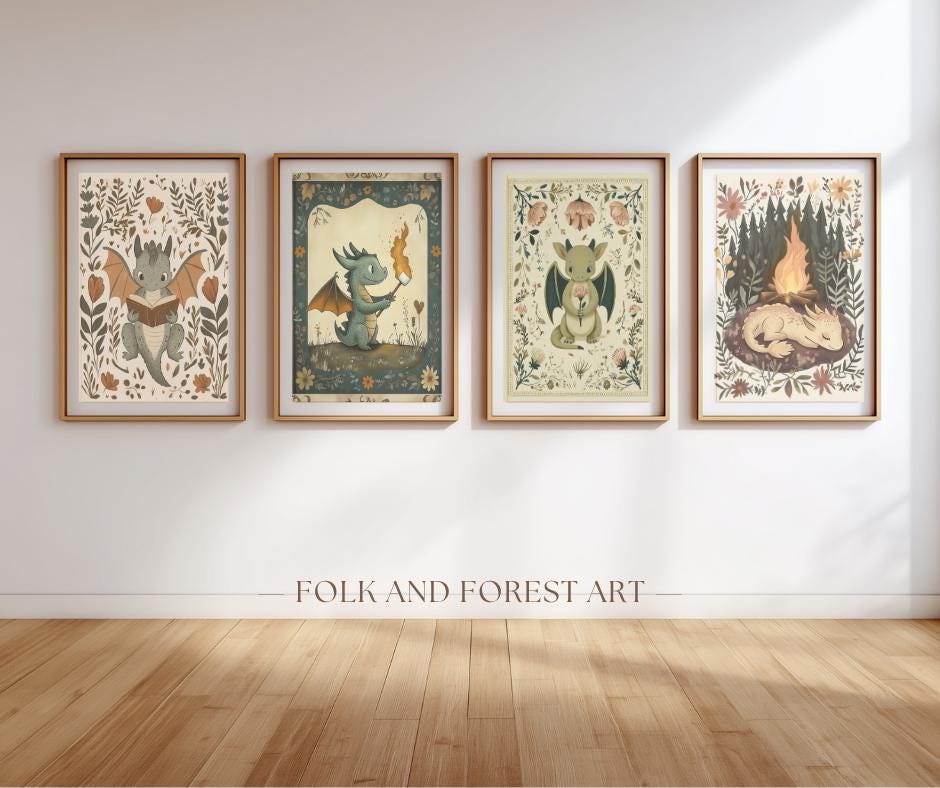 Whimsical Baby Dragon Wall Art Set – Nursery Printable Art Bundle | Cute Dragon Reading, Sleeping, Roasting Marshmallows, and Holding Flower