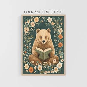 A cozy folk art illustration featuring a brown bear sitting among wildflowers, holding an ornate green book. The green background complements the warm tones of the bear and florals. Perfect for book lovers, woodland nursery decor, and cottagecore.