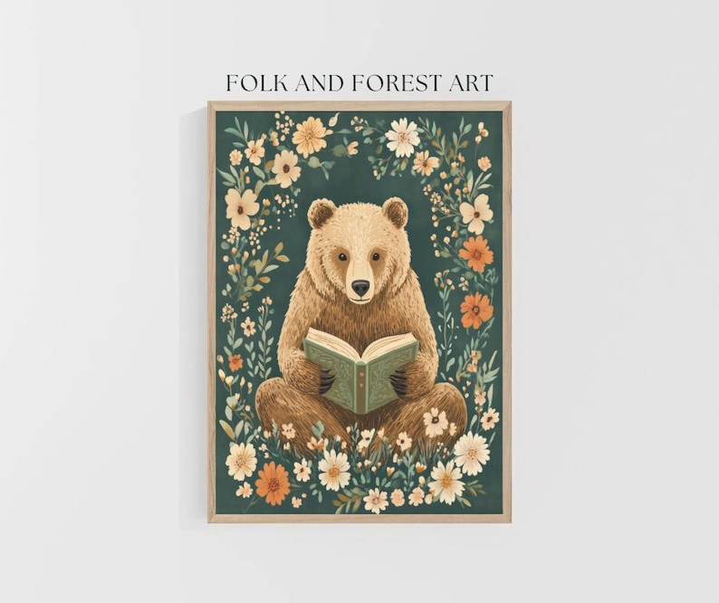 A cozy folk art illustration featuring a brown bear sitting among wildflowers, holding an ornate green book. The green background complements the warm tones of the bear and florals. Perfect for book lovers, woodland nursery decor, and cottagecore.