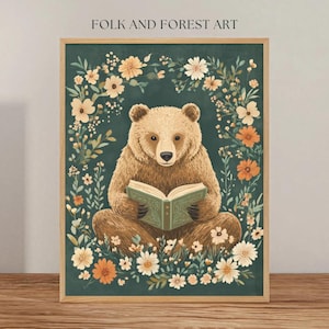 Imprimé ours lecture confortable | Téléchargement numérique d'art populaire | Art des bois fantaisiste | Plusieurs tailles incluses
