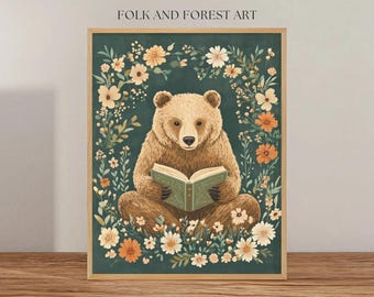 Cozy Reading Bear Print | Folk Art Digital Download | Whimsical Woodland Art | Multiple Sizes Included