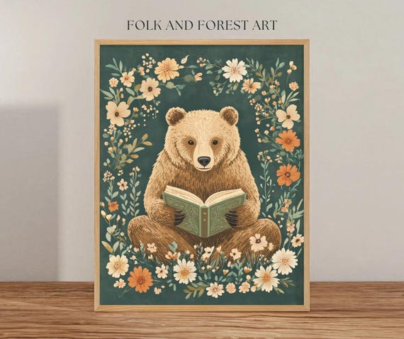 Cozy Reading Bear Print | Folk Art Digital Download | Whimsical Woodland Art | Multiple Sizes Included