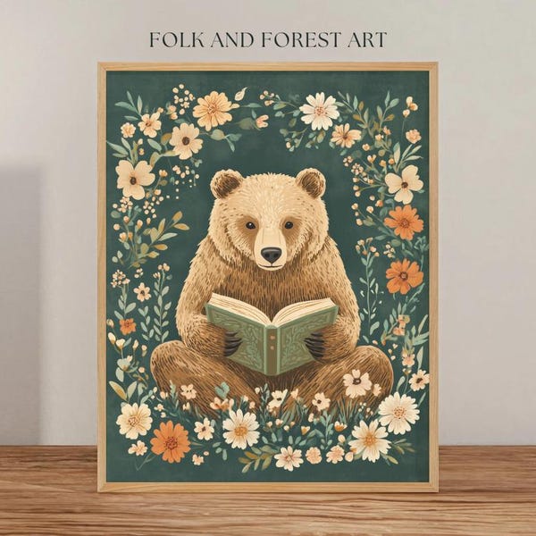 Cozy Reading Bear Print | Folk Art Digital Download | Whimsical Woodland Art | Multiple Sizes Included