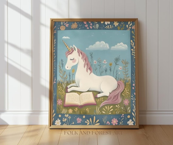 Unicorn Reading Art Print, Whimsical Unicorn Nursery Decor, Storybook Fantasy Wall Art, Cottagecore Kids Room Printable, Fairytale Animal
