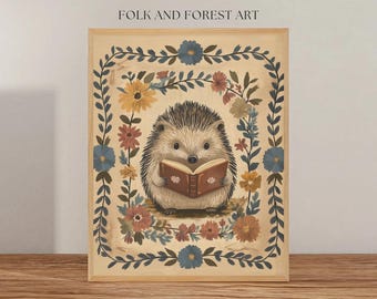Cute Hedgehog Reading Print | Whimsical Woodland Folk Art | Digital Download Printable | Multiple Sizes Included