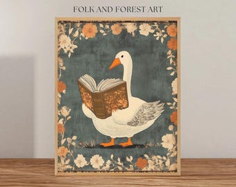 Reading Goose Art Print – Whimsical Digital Download, Vintage