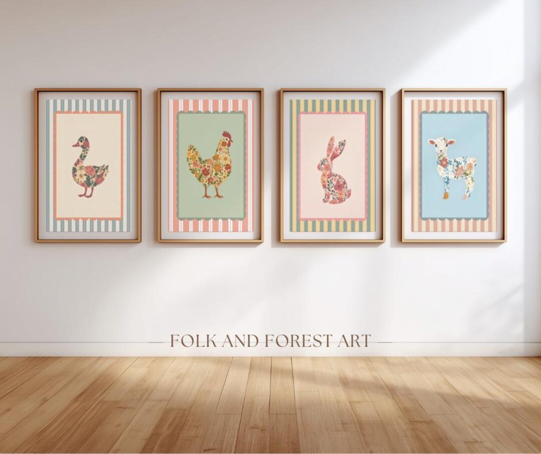 Floral Animal Nursery Wall Art Set, Bunny Lamb Duck Chicken Prints ...