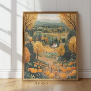 Pumpkin Patch Fall Art Print – Whimsical Autumn Harvest Landscape, Cozy Farm Digital Download, Printable Folk Art for Seasonal Wall Decor