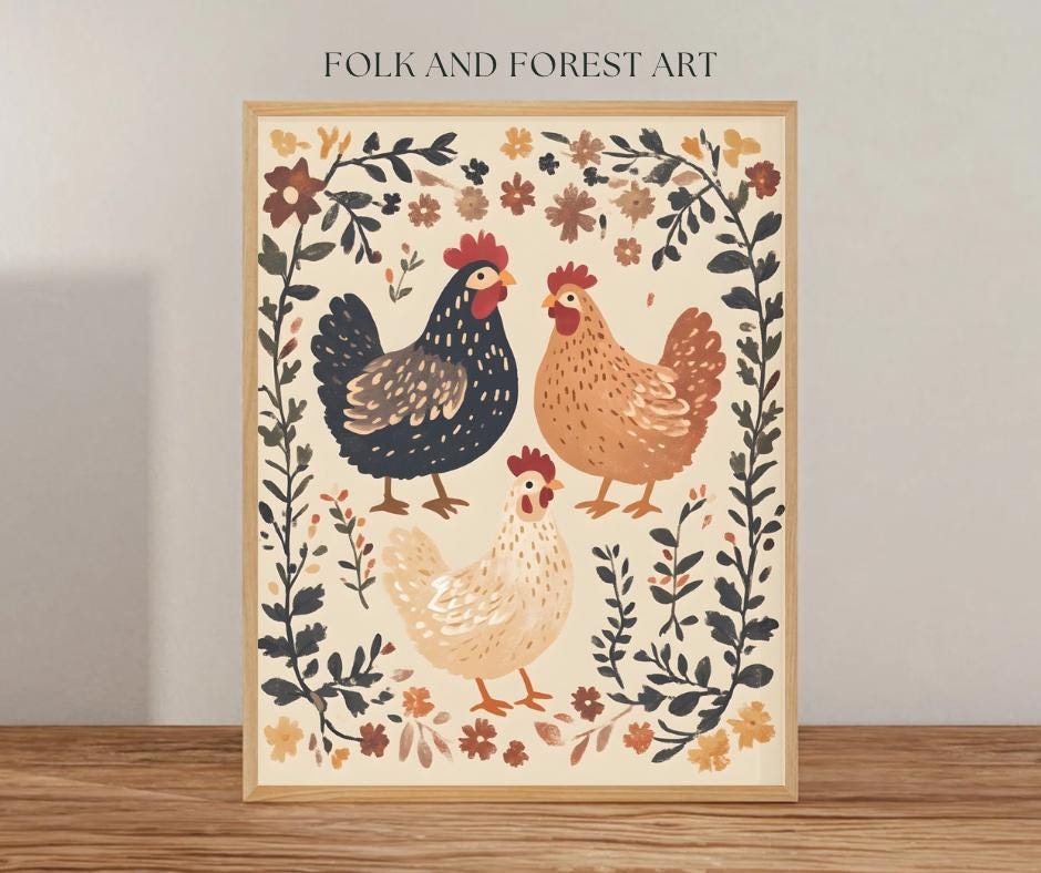 Rustic Farmhouse Chickens | Cottagecore Folk Art Print | Whimsical Digital Download | Multiple Sizes Included