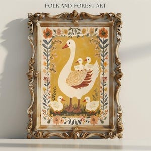 Goose and Goslings Printable Wall Art – Rustic Cottagecore Nursery Decor – Vintage Folk Art Digital Download