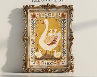 Goose and Goslings Printable Wall Art – Rustic Cottagecore Nursery Decor – Vintage Folk Art Digital Download